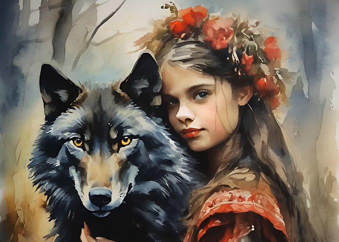 Girl and Wolf Watercolor
