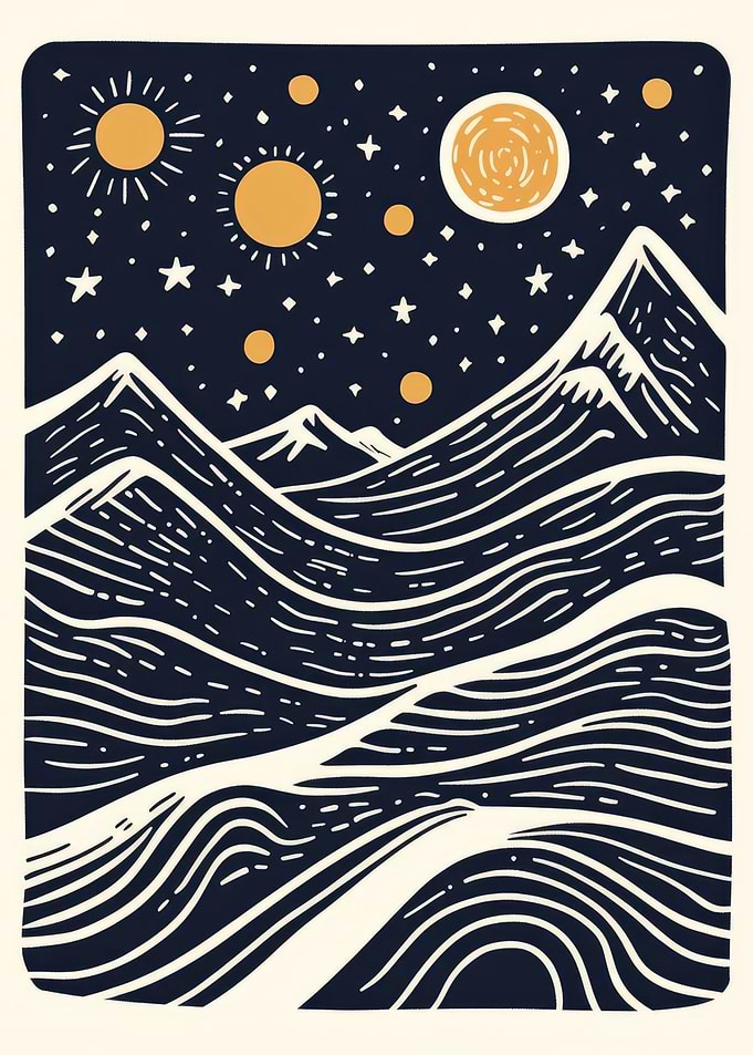 Mountain Night Sky Line Art