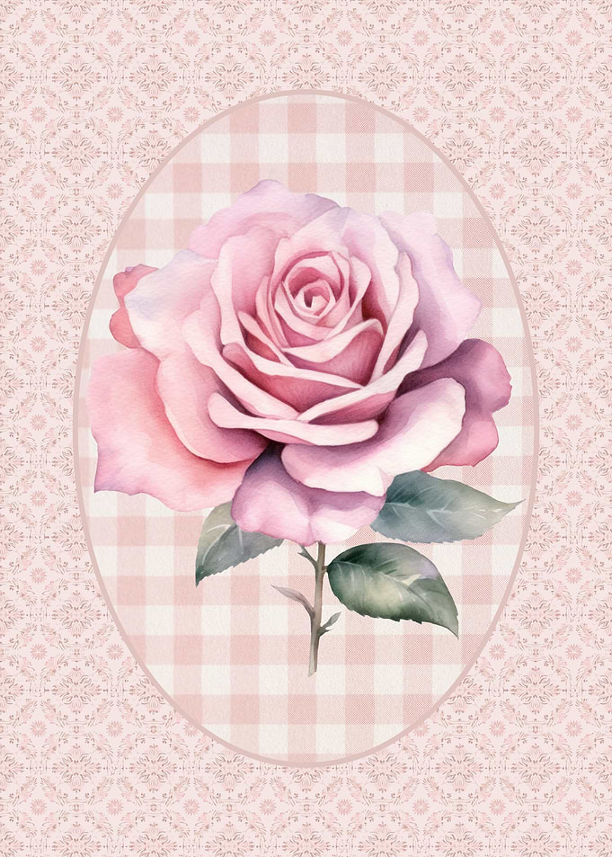 Pink Rose Watercolor on Gingham