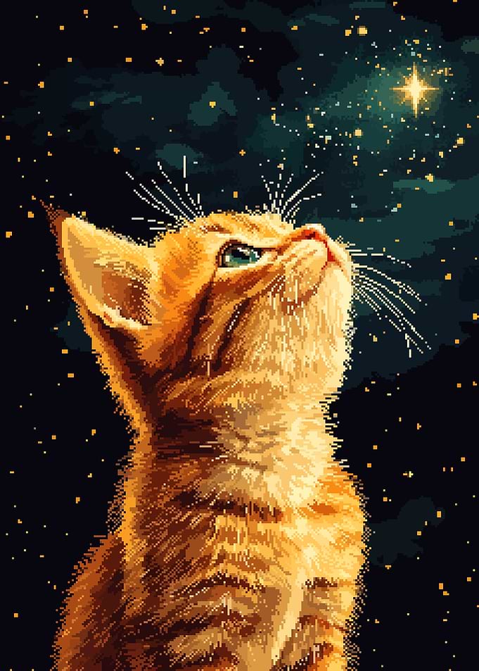 Cute Kitten Gazing at Stars Pixel Art