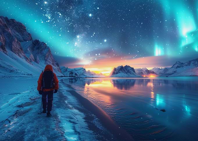 Aurora Borealis Landscape with Hiker