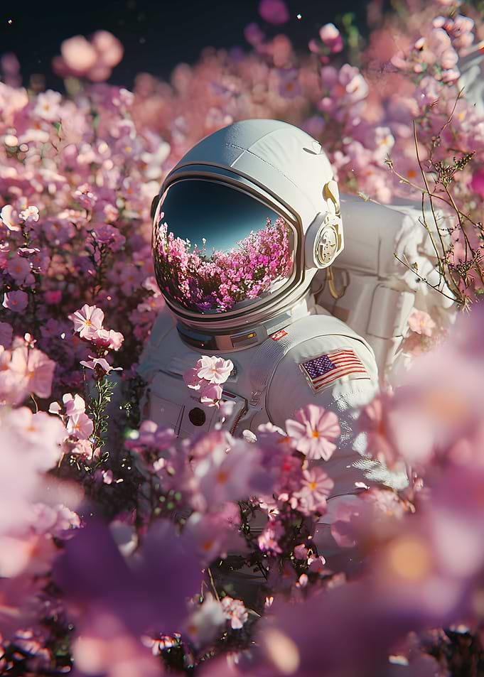 The astronaut moves through the silent blackness t