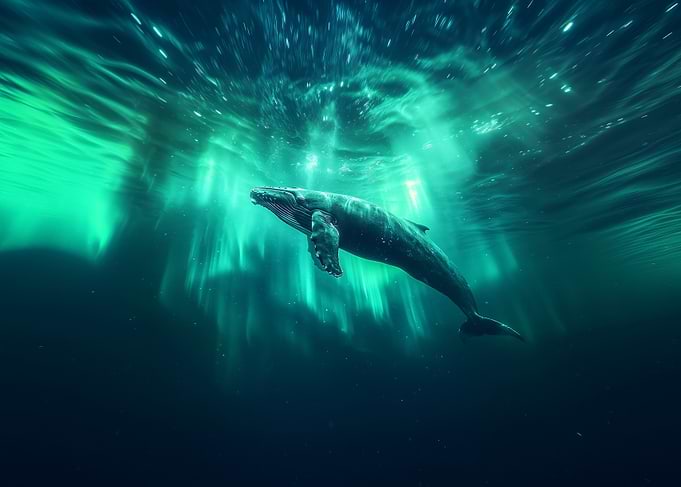 Humpback Whale Under Aurora Borealis in the Ocean