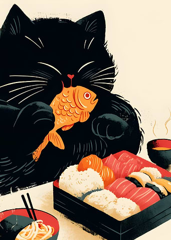 Black Cat with Sushi - Chubby Cat