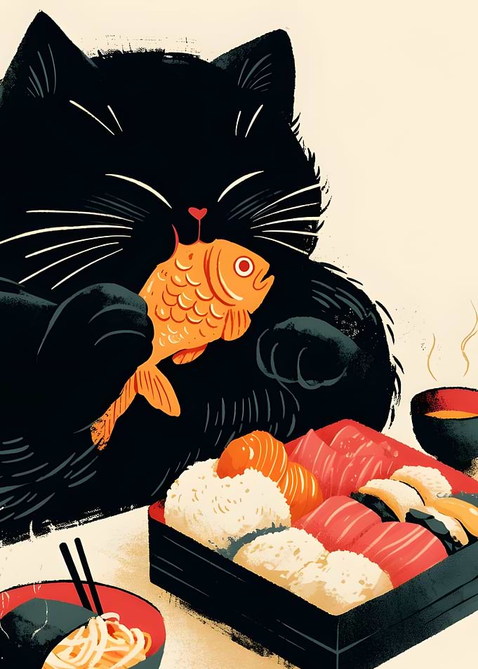 Black Cat with Sushi - Chubby Cat