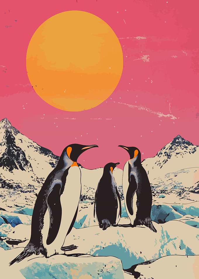 Pink Sunset Arctic Penguins Minimalist Pop Art