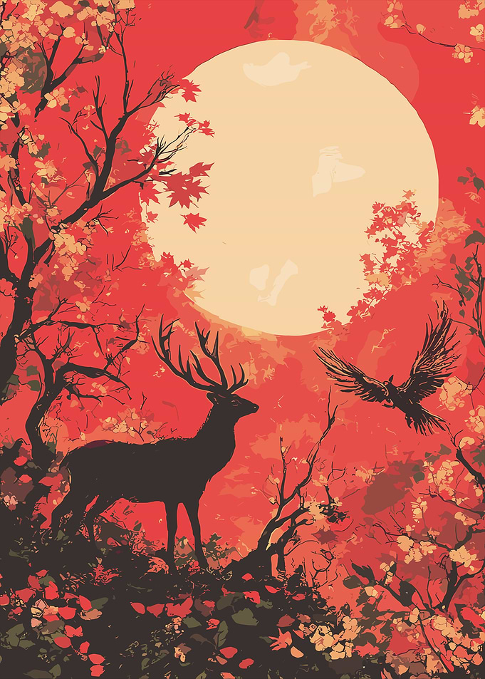 Deer and Raven Under Full Moon