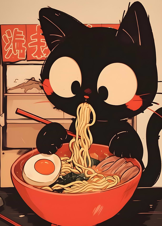 Black Cat Eating Ramen - Tokyo Noodle