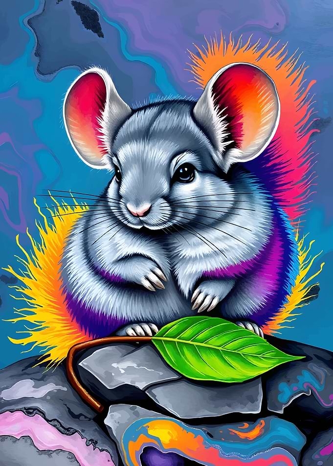 Chinchilla on Rock with Leaf