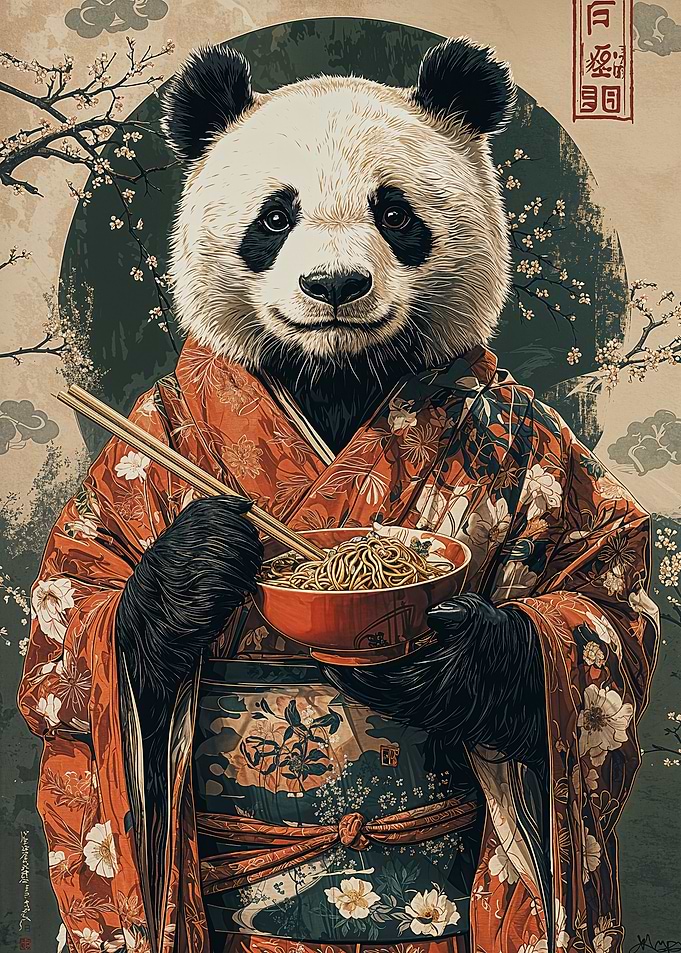 Panda in Kimono Eating Ramen