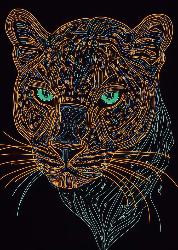 Neon Leopard Portrait, Line Art Leopard