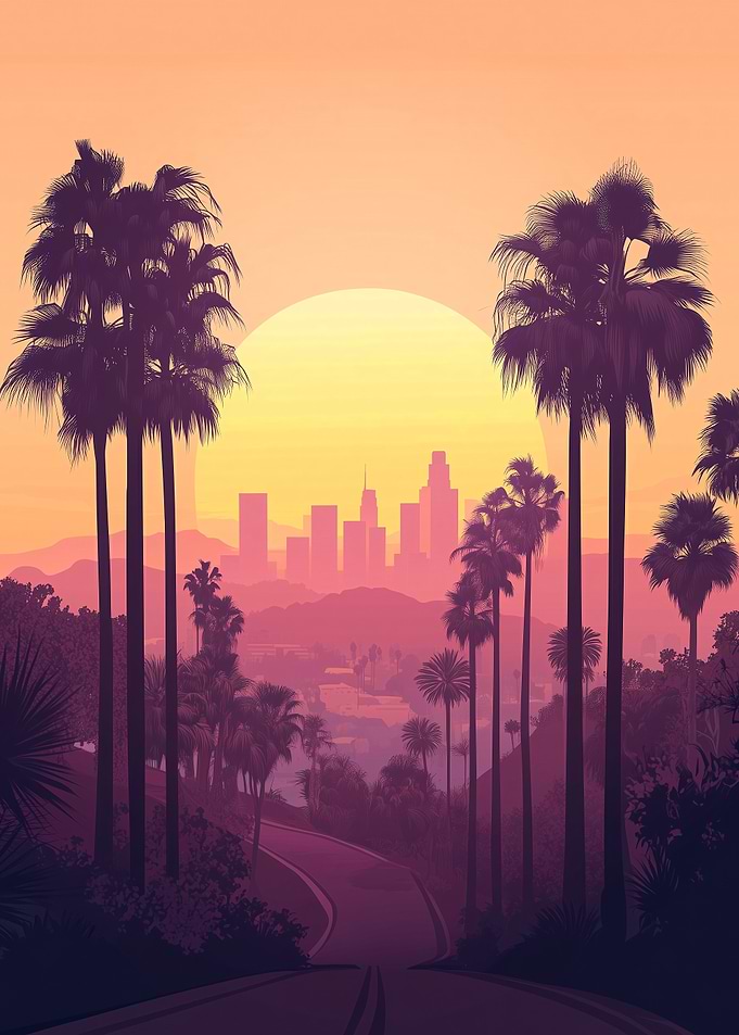 Sunset USA America California Los Angeles Cityscape with Palm Trees
