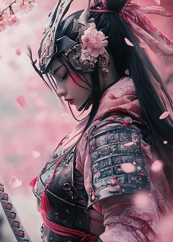 Samurai Woman in Pink Blossoms