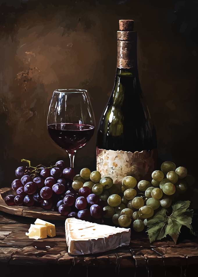 Wine, Grapes, and Cheese Still Life