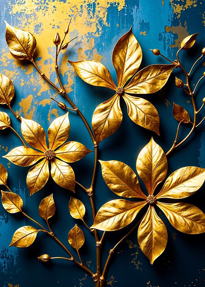 Elegant Decor with Metallic Flowers on Intense Blue