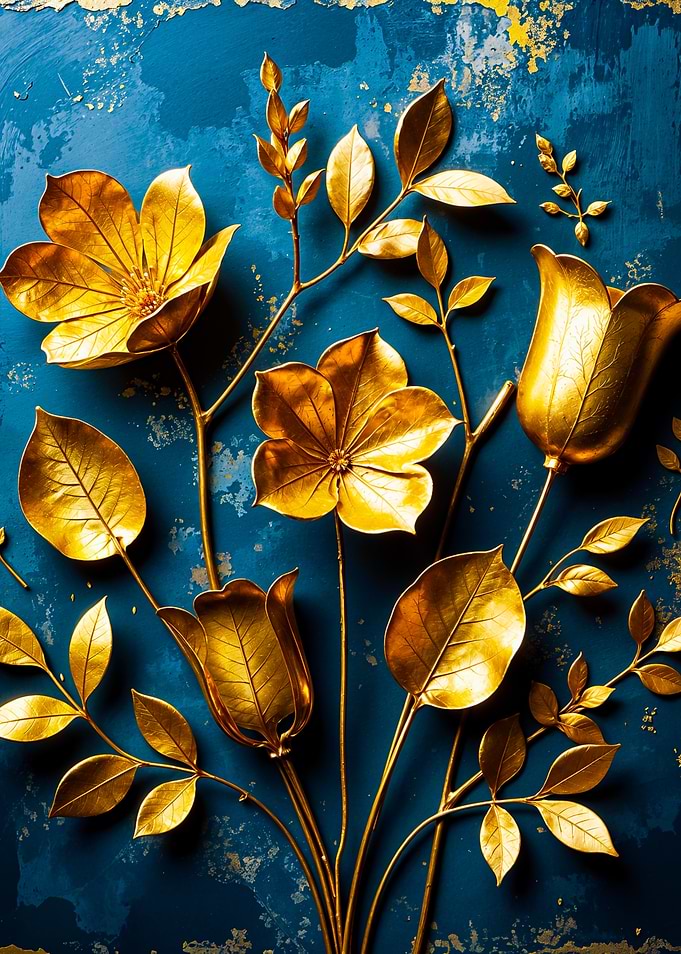 Metal Art with Detailed Golden Leaves and Flowers