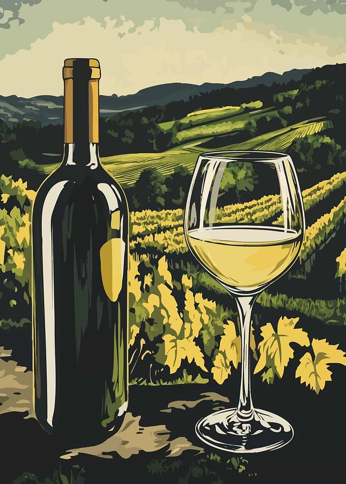 Wine Bottle and Glass in Vineyard