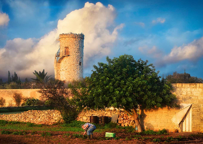 Bettina Tower in Malta with Farmer Working at Sunrise Landscape