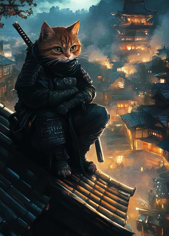 Cat Samurai in Japanese City