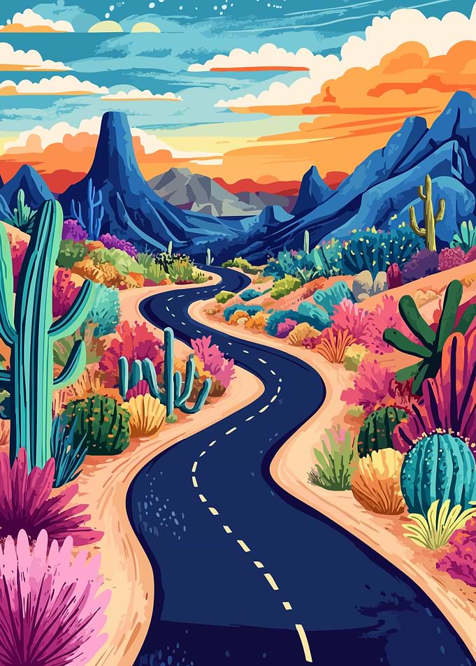 Minimalist Art Desert Road Sunset