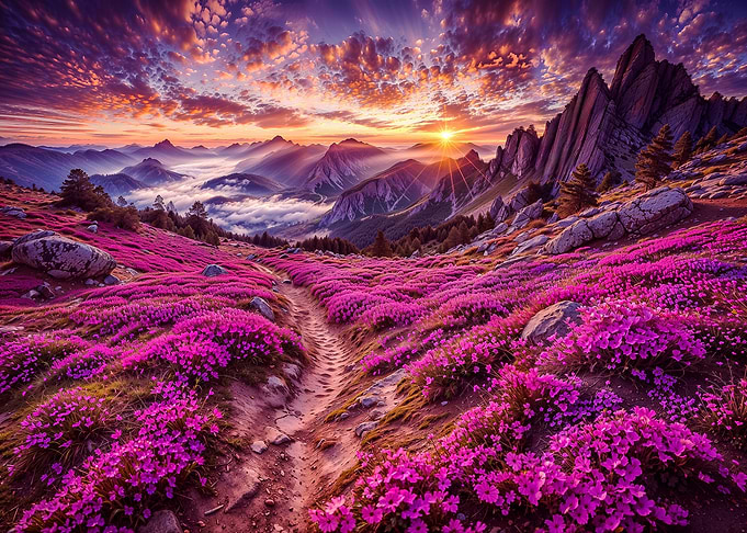 Mountain Sunset with Flowers