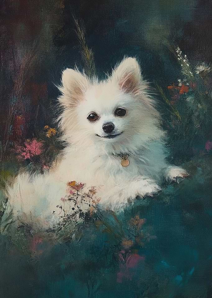 White Dog in Flowers