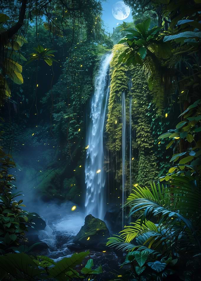 Jungle Waterfall at Night