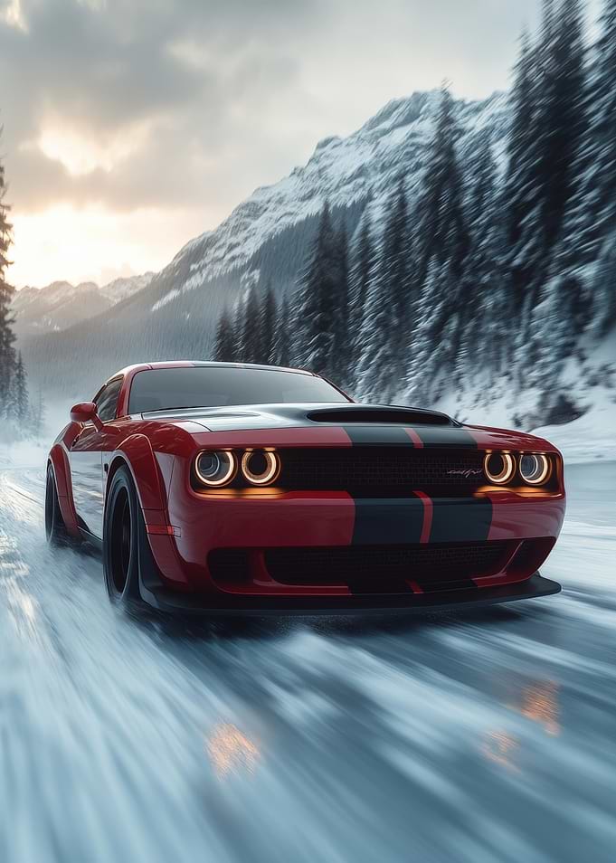 Red Dodge Challenger in Snow
