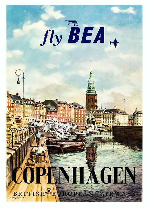 Fly BEA to Copenhagen — vintage travel poster on metal