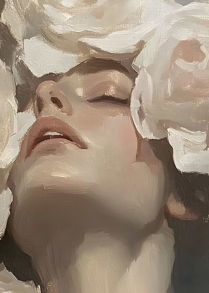 Dreamy Serenity Romantic Oil Painting Portrait of a Woman with Flowers