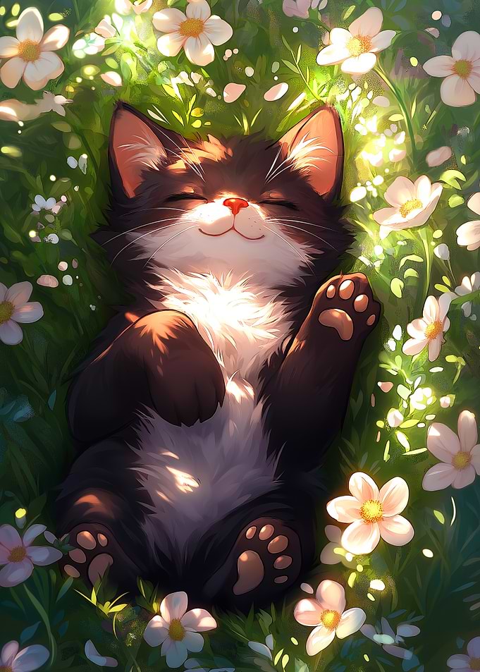 Sleepy Cat in Flowers