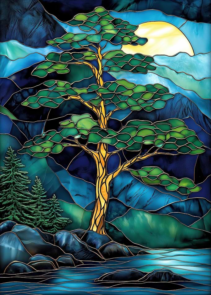 Stained Glass Tree & Moon