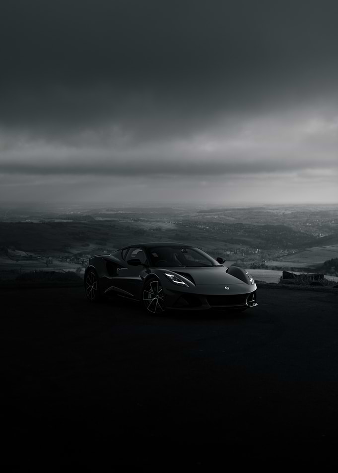 Lotus Emira Sports Car on Hilltop Black & White