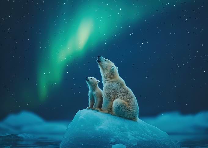 Polar Bears Under Aurora Borealis