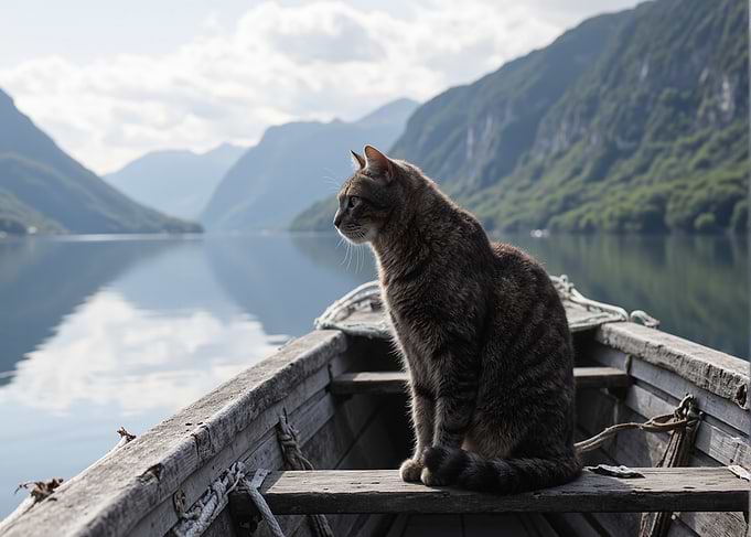 Cat in a Boat by the Lake