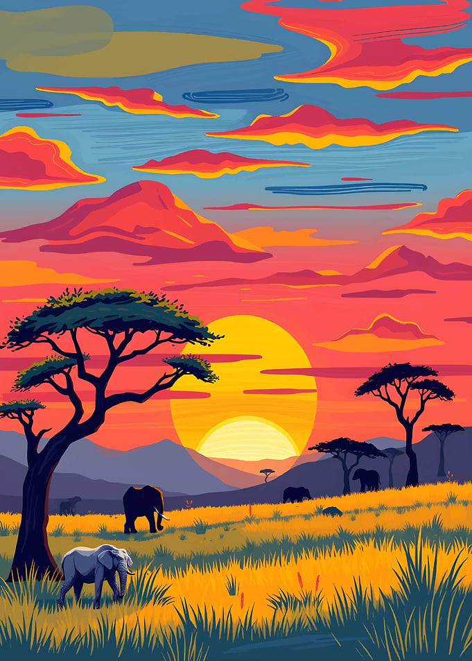 African Sunset with Elephants