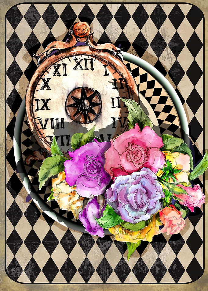 Vintage Clock and Roses, Alice In Wonderland