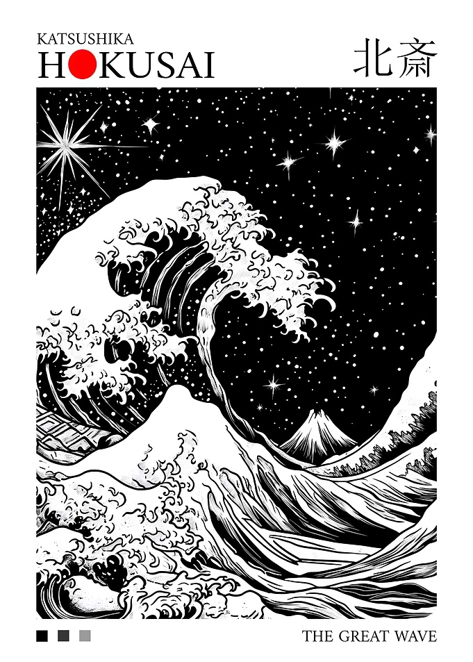 Hokusai's Great Wave - Black and White