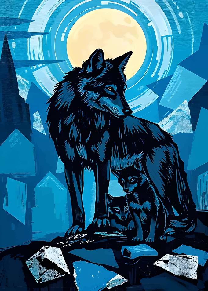 Wolf Family Under the Moon