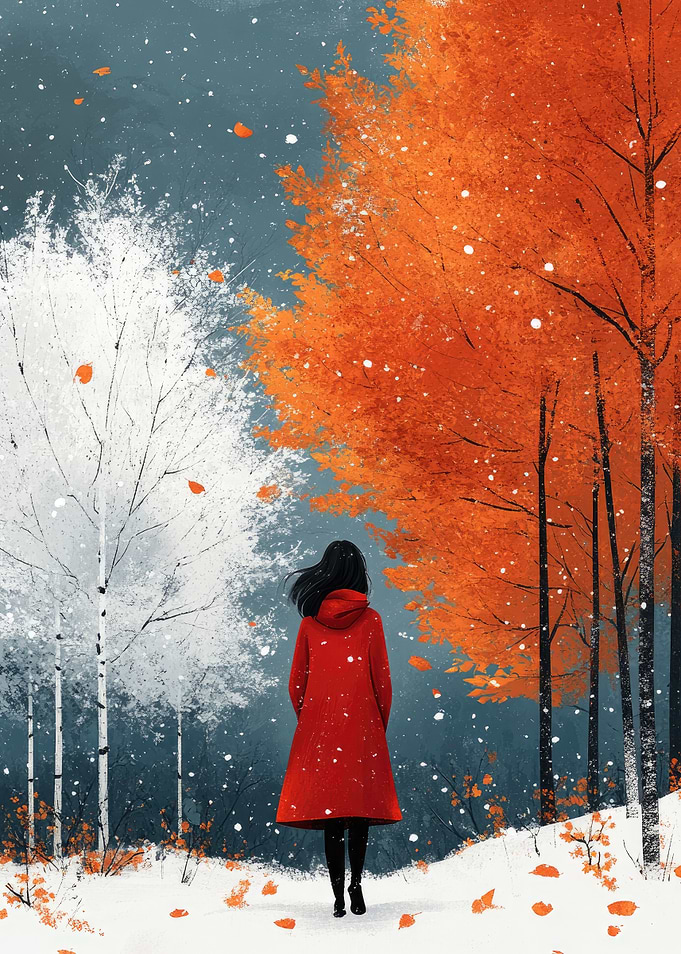 Woman in Red Coat, Winter Forest
