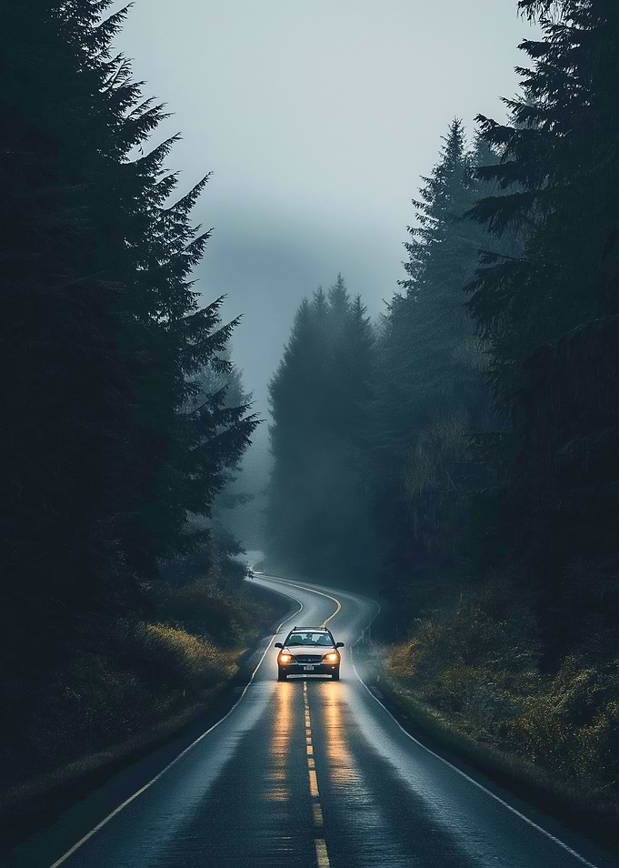 Car Drive on Foggy Road