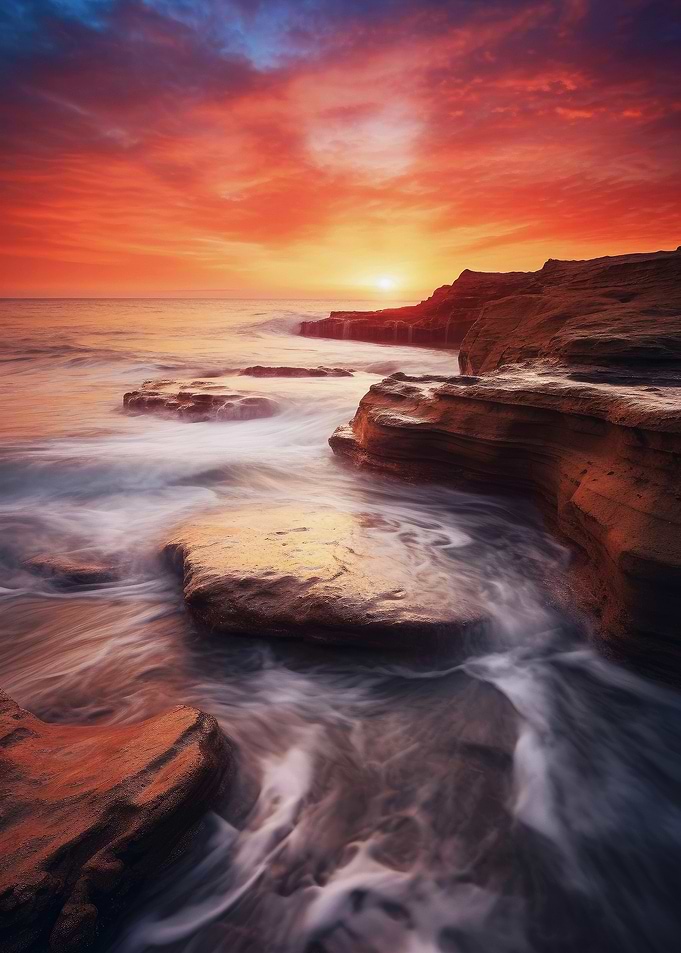 Rocky Beach at Sunset Seascape in Long Exposure Landscape