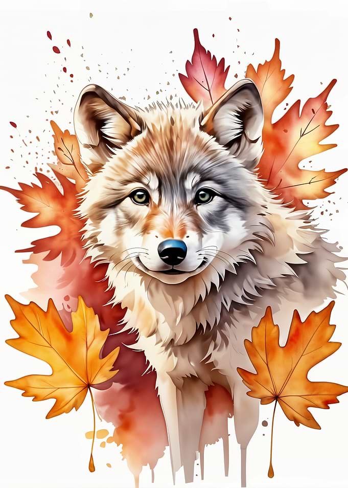 Wolf with Autumn Leaves