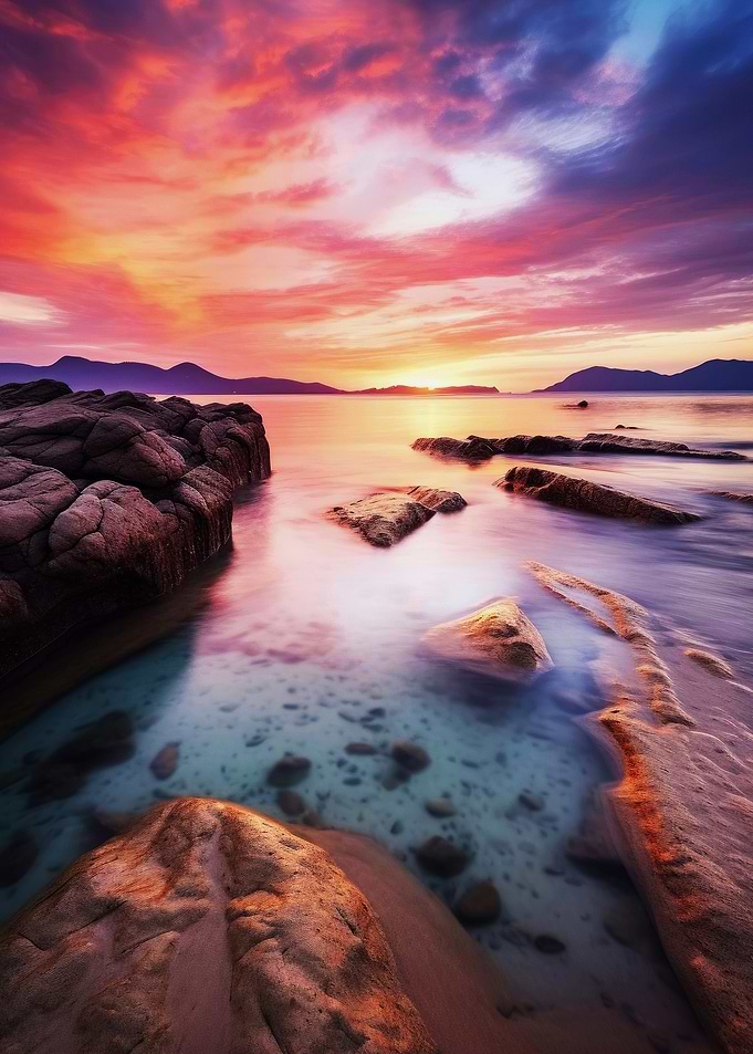 Colorful Sunset Seascape with Rocky Beach Landscape