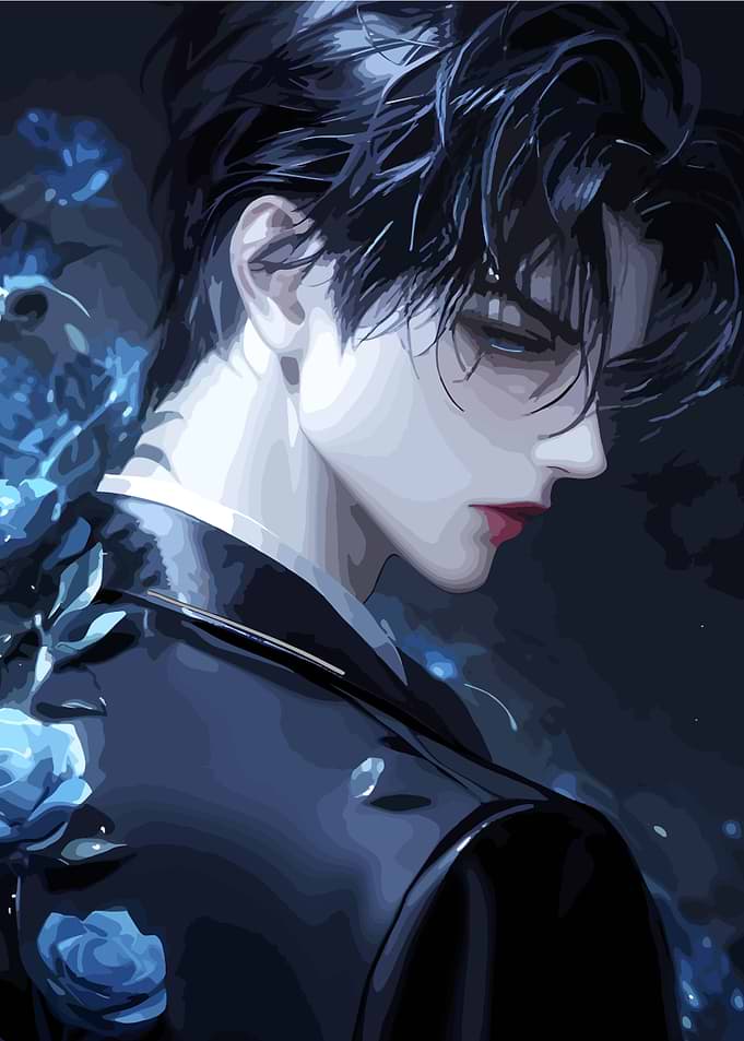 Anime Boy with Blue Roses