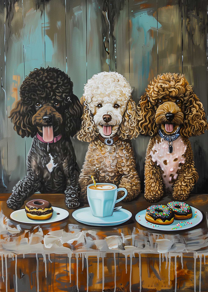 Three Poodles with Treats and coffee
