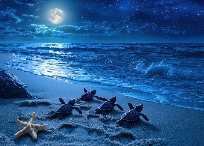 Sea Turtle Hatchlings Under Moonlight