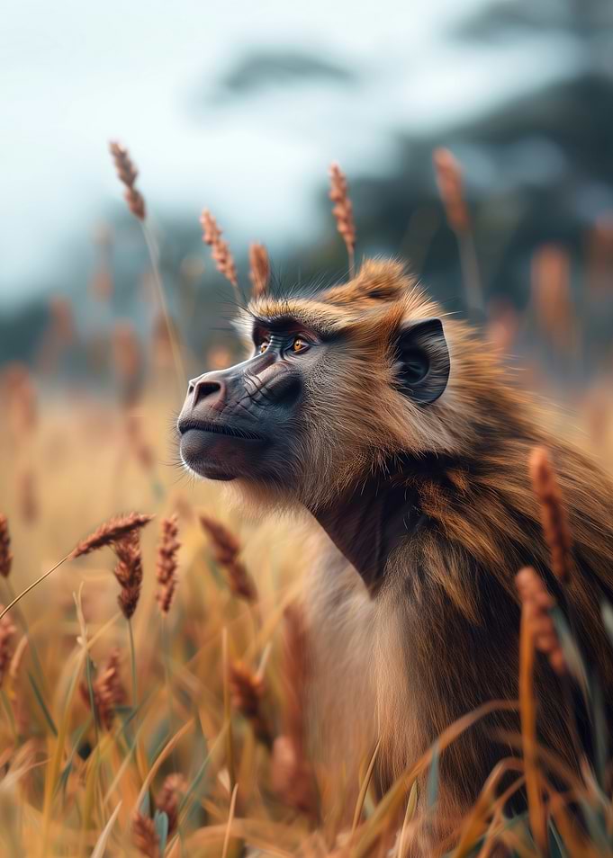 Baboon in Tall Wild Grass Animal Photo