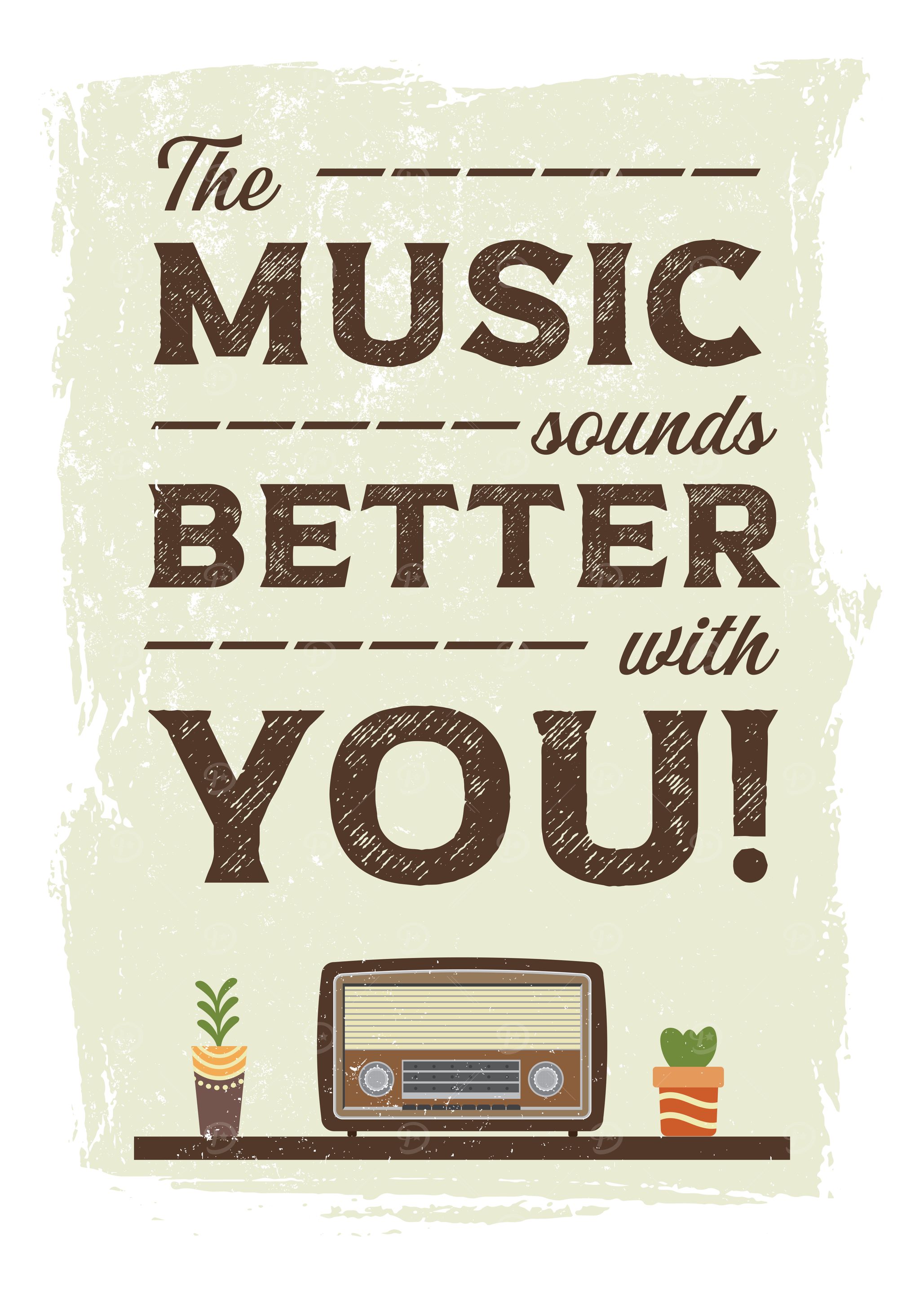 Vintage radio with music related message.