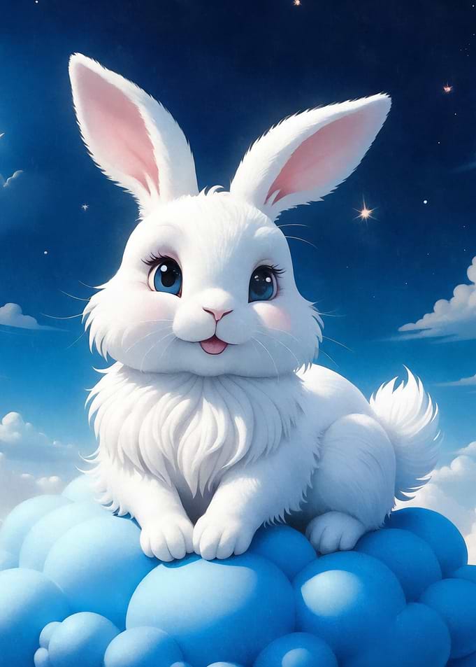 Cute White Bunny on Clouds
